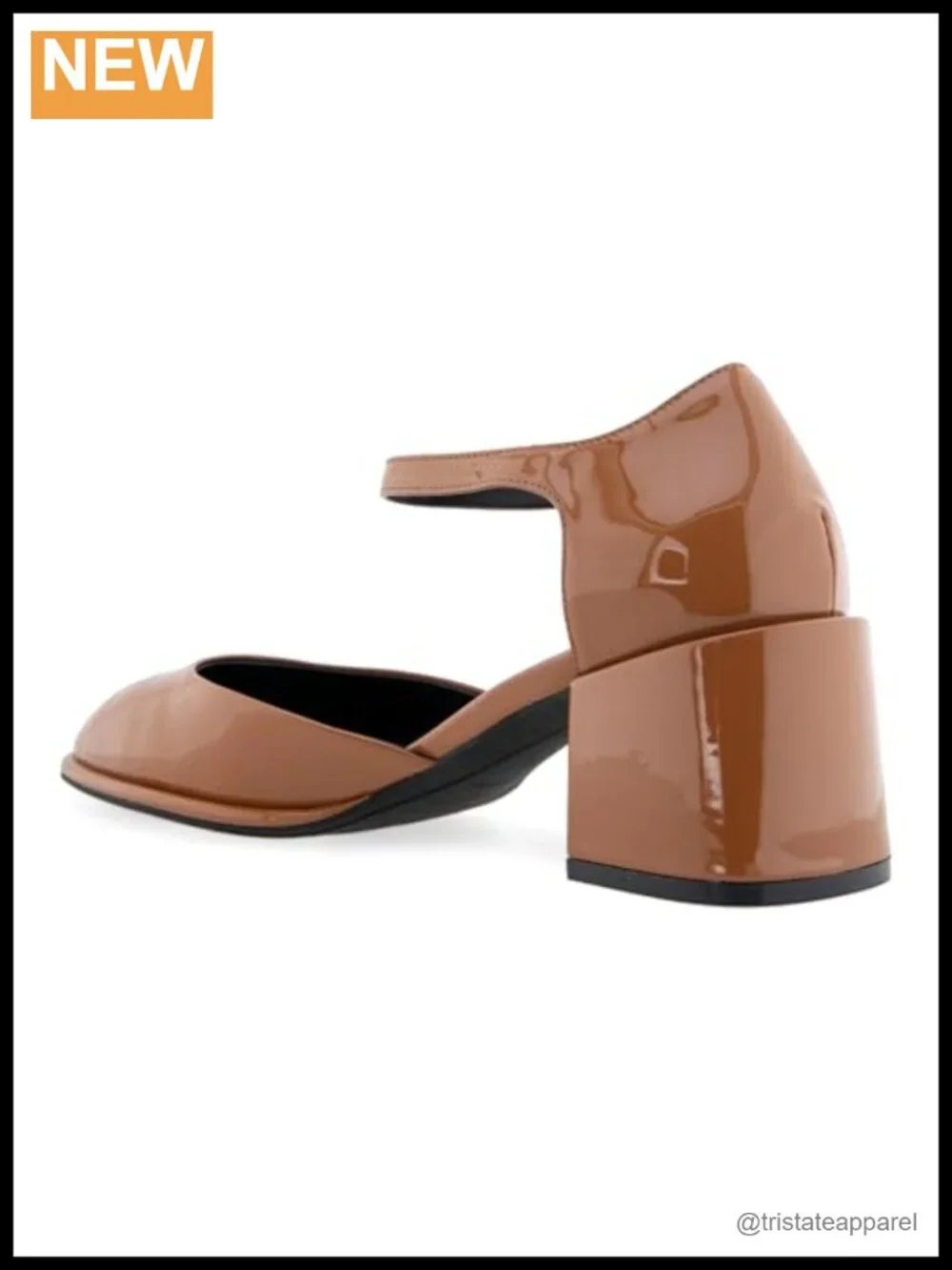 Faux Leather Block Heel Buckle Ankle Strap Pump Almond Toe